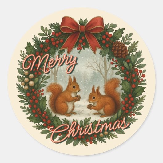 Retro Engelse vakantiekrans met Schattigee eekhoor Ronde Sticker (Voorkant)