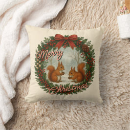 Retro English Holiday Wreath With Cute Squirrels Kussen