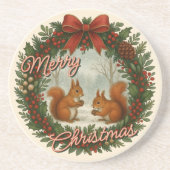 Retro English Holiday Wreath With Cute Squirrels Zandsteen Onderzetter (Voorkant)