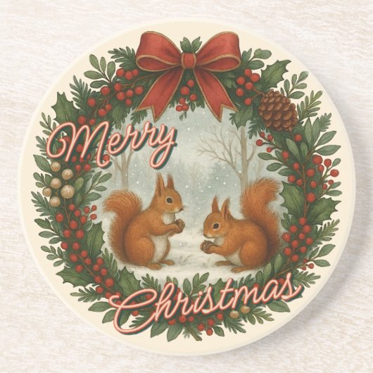 Retro English Holiday Wreath With Cute Squirrels Zandsteen Onderzetter (Voorkant)
