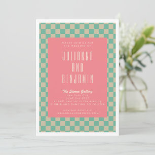 Retro Esthetiek Schaakbord Mint Roze Bruiloft Kaart