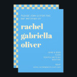 Retro esthetisch checkbord blauw bat balk Mitzvah Kaart<br><div class="desc">Retro Aesthetische Checkerboard Pattern Blue and White Bat of Bar Mitzvah Invitation</div>