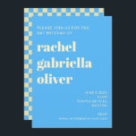 Retro esthetisch checkbord blauw bat balk Mitzvah Kaart<br><div class="desc">Retro Aesthetische Checkerboard Pattern Blue and White Bat of Bar Mitzvah Invitation</div>