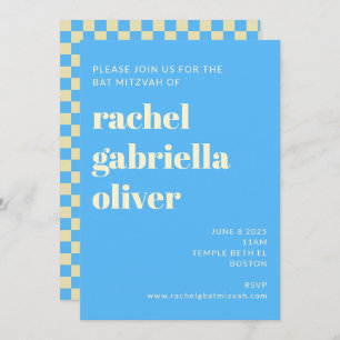 Retro esthetisch checkbord blauw bat balk Mitzvah Kaart