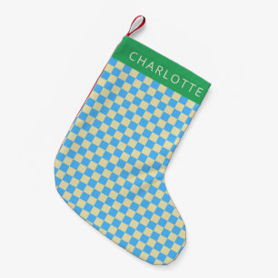 Retro esthetische schaakbordblauw gepersonaliseerd kleine kerstsok