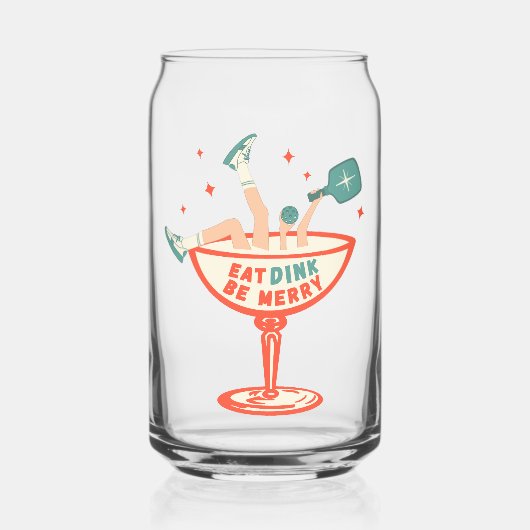 Retro eten, drinken en vrolijk pickleball kerst blikvorm glas (Voorkant)
