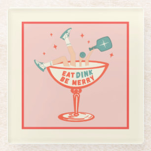 Retro eten, drinken en vrolijk pickleball kerst glazen onderzetter