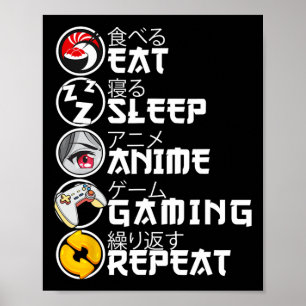 Retro Eten Slapen Anime Gamen Herhalen Kawaii Anim Poster