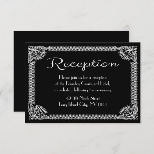 Retro European Black and White Floral Reception Informatiekaartje (Voorkant / Achterkant)