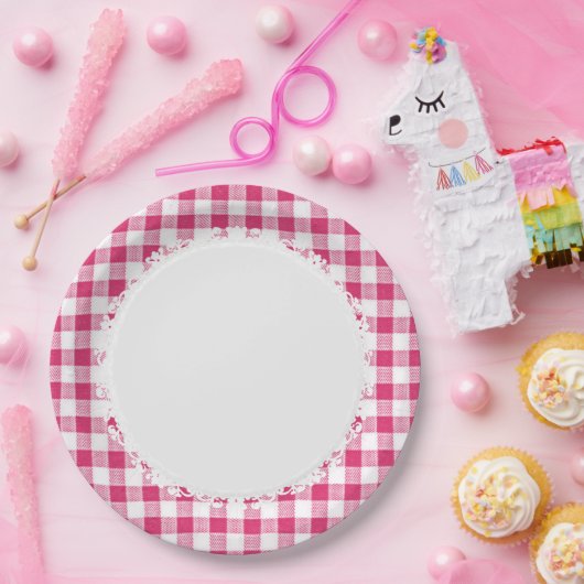 Retro-Everyday_Picnic_Pink-Check_Plaid Papieren Bordje (Feest)
