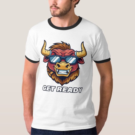 Retro Evil Bull met zonnebril en Get Ready-tekst T-shirt (Voorkant)