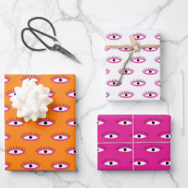 Retro Evil Eye Pattern Roze Sinaasappel Wit BOHO Inpakpapier Vel