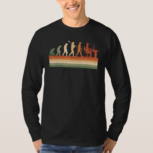 Retro evolutie van mens computer programmeur geek t-shirt (Voorkant)