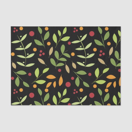Retro Fall Leaves en Berries Botanisch Black Tissuepapier (Voorkant)