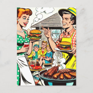 Retro Familie Barbecue Comics Illustratie Briefkaart