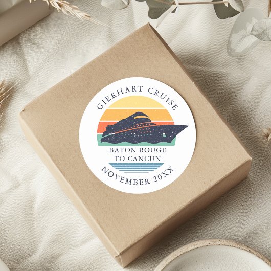 Retro familie cruise reis gepersonaliseerd ronde sticker