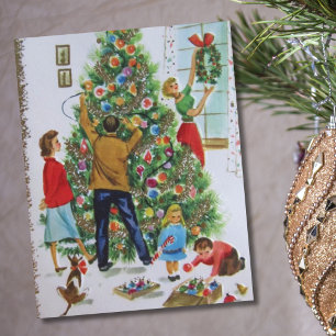  retro familie decoreren kerstboom feestdagenkaart