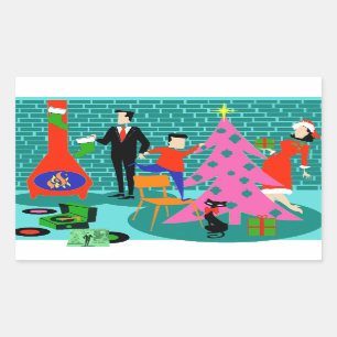 Retro Familie die de Stickers van de Kerstboom in