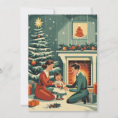 Retro Familie Kerstmis bij de open haard Feestdagenkaart (Voorkant)