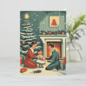 Retro Familie Kerstmis bij de open haard Feestdagenkaart (Staand voorkant)