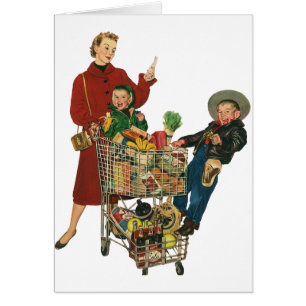 Retro familie, moeder en Kinder boodschappenwagent