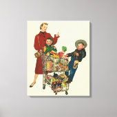 Retro familie, moeder en Kinder boodschappenwagent Canvas Afdruk (Voorkant)