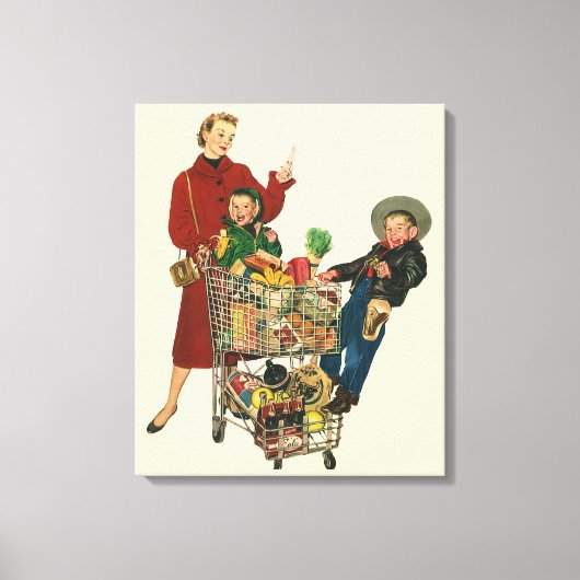 Retro familie, moeder en Kinder boodschappenwagent Canvas Afdruk (Voorkant)