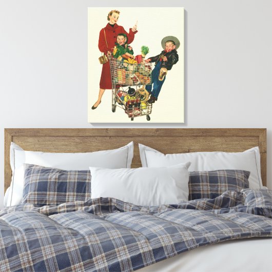 Retro familie, moeder en Kinder boodschappenwagent Canvas Afdruk (Insitu (Slaapkamer))