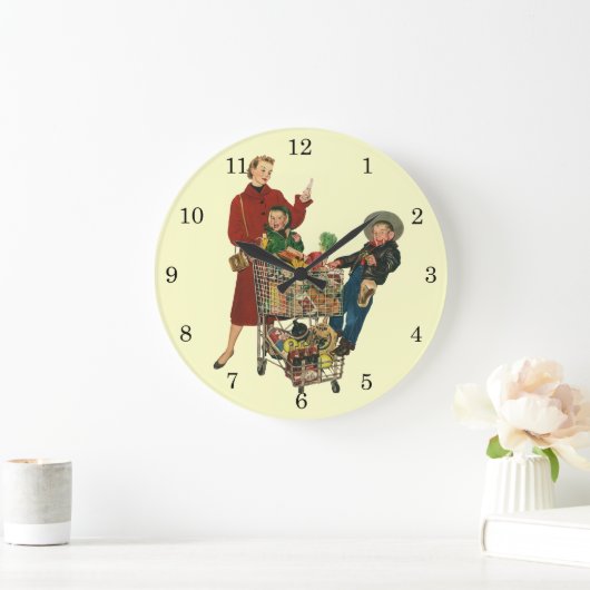 Retro familie, moeder en Kinder boodschappenwagent Grote Klok (Huis)