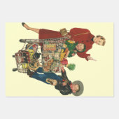Retro familie, moeder en Kinder boodschappenwagent Inpakpapier Vel (Voorkant)