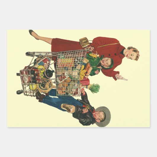Retro familie, moeder en Kinder boodschappenwagent Inpakpapier Vel (Voorkant)