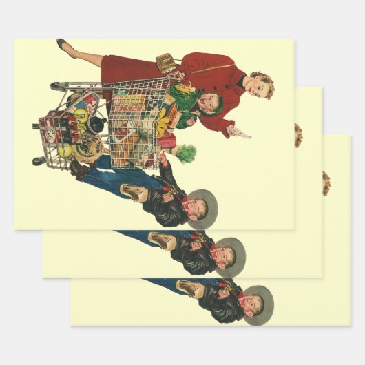 Retro familie, moeder en Kinder boodschappenwagent Inpakpapier Vel (Set)