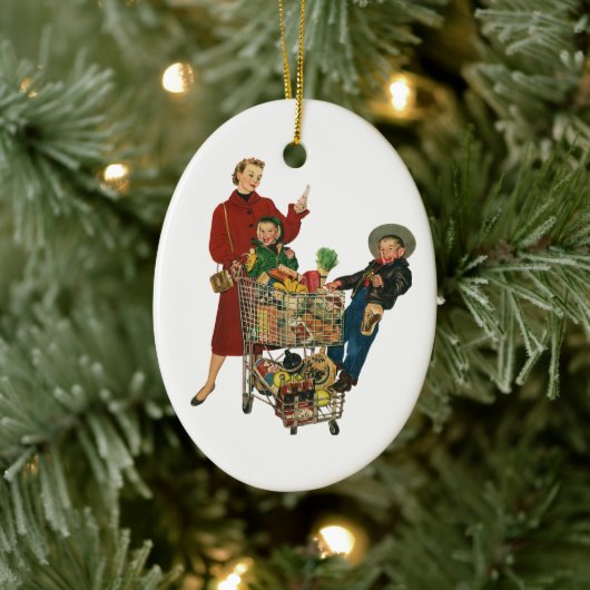 Retro familie, moeder en Kinder boodschappenwagent Keramisch Ornament (Boom)