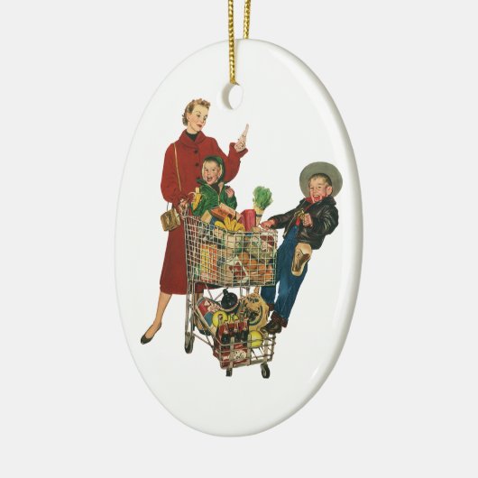 Retro familie, moeder en Kinder boodschappenwagent Keramisch Ornament (Links)