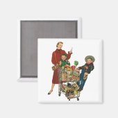 Retro familie, moeder en Kinder boodschappenwagent Magneet (Voorkant / Achterkant)