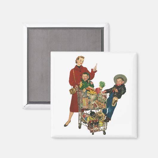 Retro familie, moeder en Kinder boodschappenwagent Magneet (Voorkant / Achterkant)