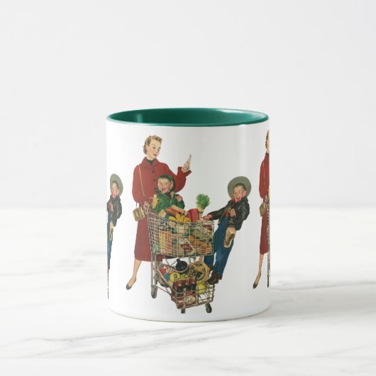 Retro familie, moeder en Kinder boodschappenwagent Mok (Midden)