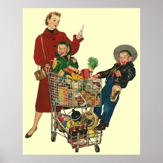 Retro familie, moeder en Kinder boodschappenwagent Poster (Voorkant)