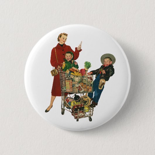Retro familie, moeder en Kinder boodschappenwagent Ronde Button 5,7 Cm (Voorkant)