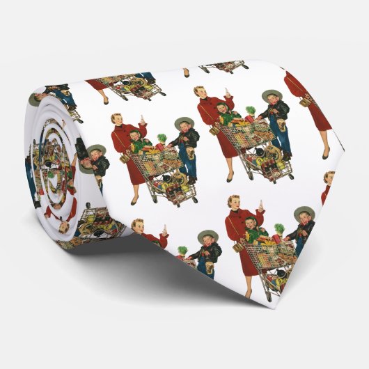 Retro familie, moeder en Kinder boodschappenwagent Stropdas (Opgerold)