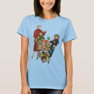 Retro familie, moeder en Kinder boodschappenwagent T-shirt
