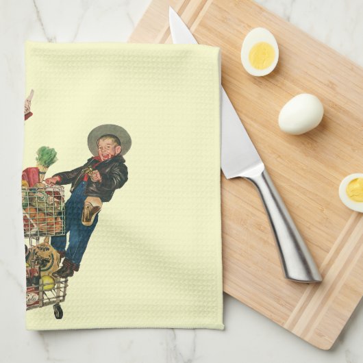 Retro familie, moeder en Kinder boodschappenwagent Theedoek (Quarter Fold)