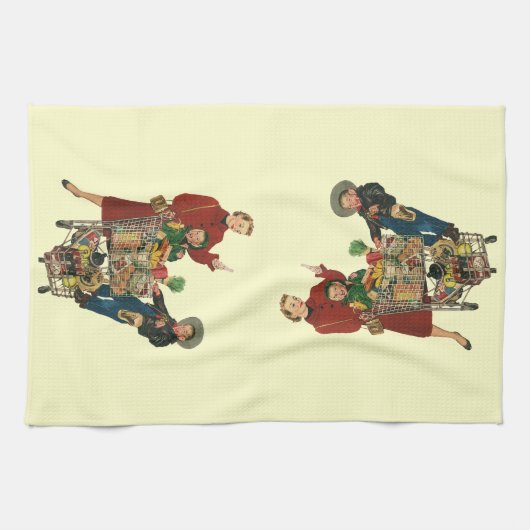 Retro familie, moeder en Kinder boodschappenwagent Theedoek (Horizontaal)