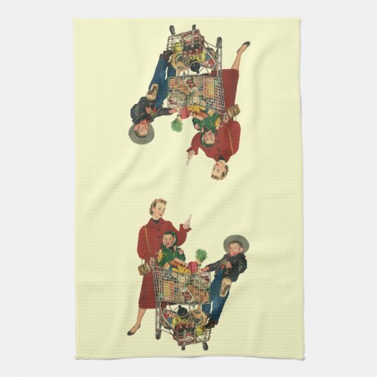 Retro familie, moeder en Kinder boodschappenwagent Theedoek (Verticaal)