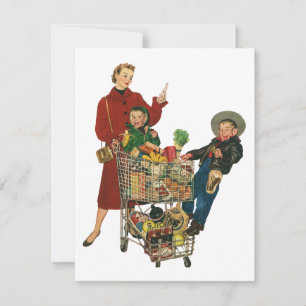 Retro familie, moeder en kinderen boodschappenwage kaart