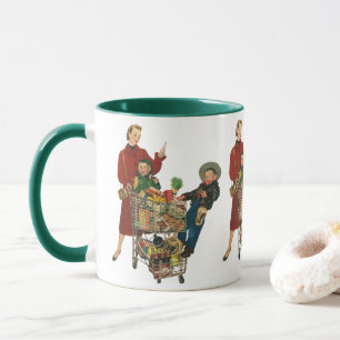 Retro familie, moeder en kinderen boodschappenwage mok