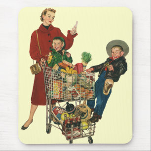 Retro familie, moeder en kinderen boodschappenwage muismat