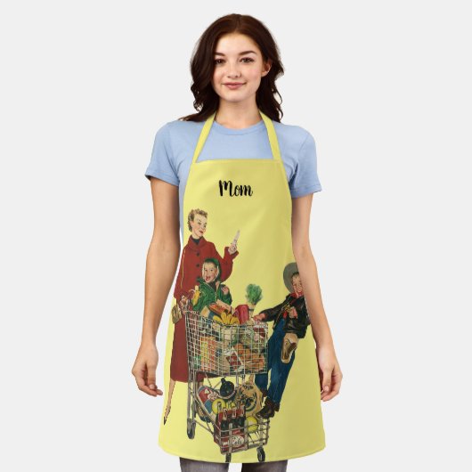Retro Familie, Moeder en Kinderen Boodschappenwage Schort (Gedragen)