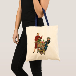 Retro familie, moeder en kinderen boodschappenwage tote bag