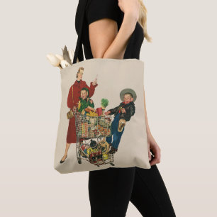 Retro familie, moeder en kinderen boodschappenwage tote bag